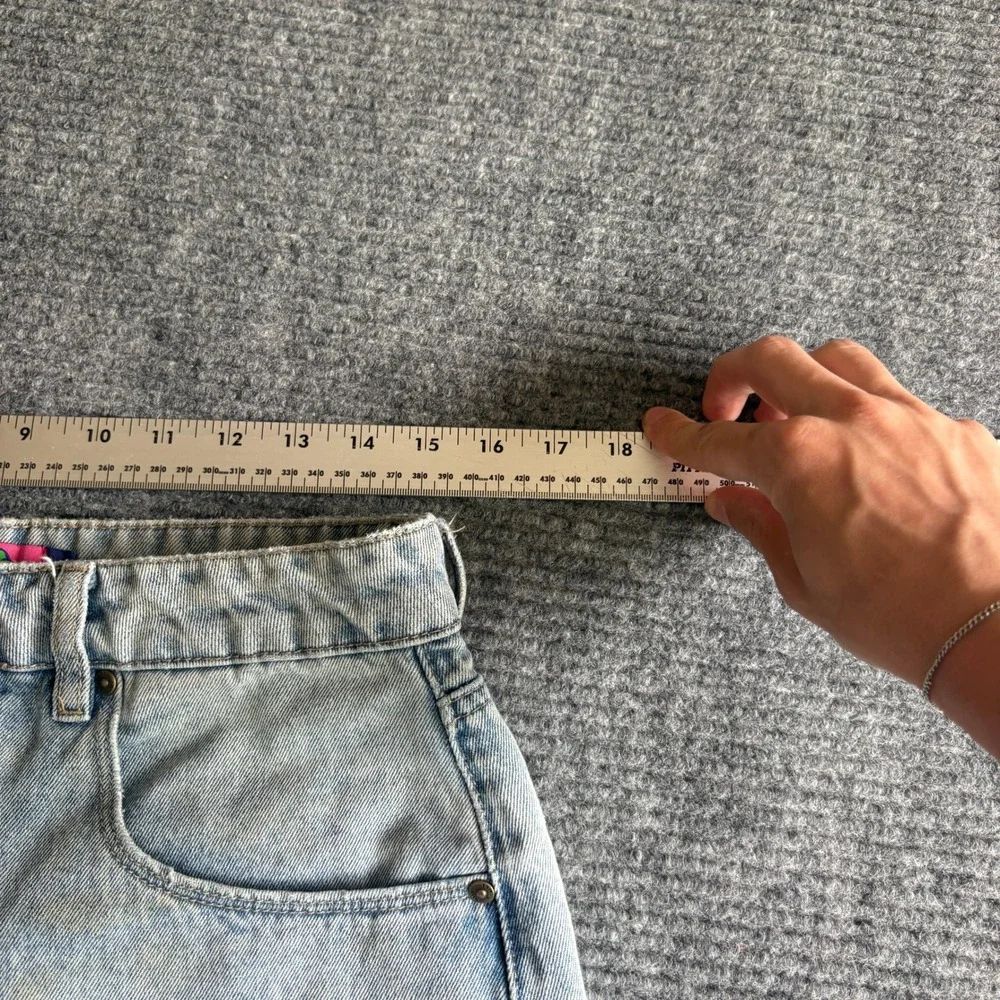 Empyre Light Wash Denim Mini Skirt Size 10 Embroidered Logo Raw Hem Frayed Blue - Picture 6 of 12